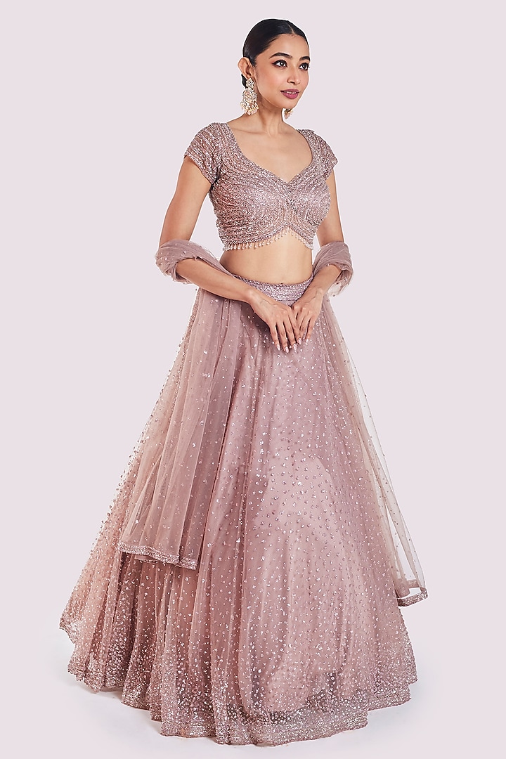 Onion Pink Net Embellished Wedding Lehenga Set by Onaya at Pernia's Pop Up Shop