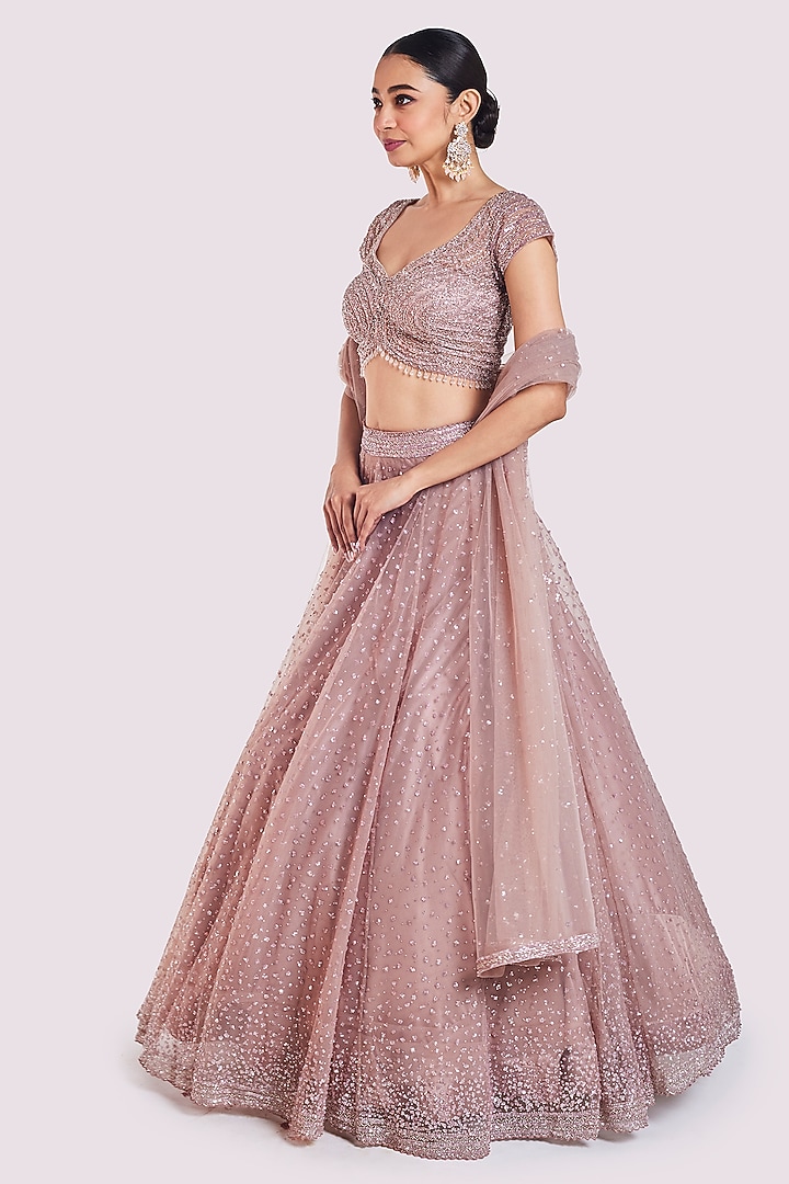 Onion Pink Net Embellished Wedding Lehenga Set by Onaya at Pernia's Pop Up Shop