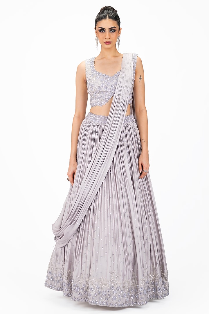 Light Lilac Satin Stone Embellished Wedding Lehenga Saree Set by Onaya at Pernia's Pop Up Shop