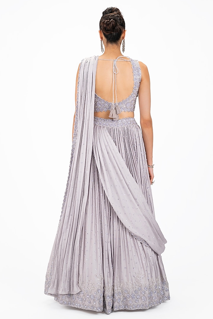 Light Lilac Satin Stone Embellished Wedding Lehenga Saree Set by Onaya at Pernia's Pop Up Shop