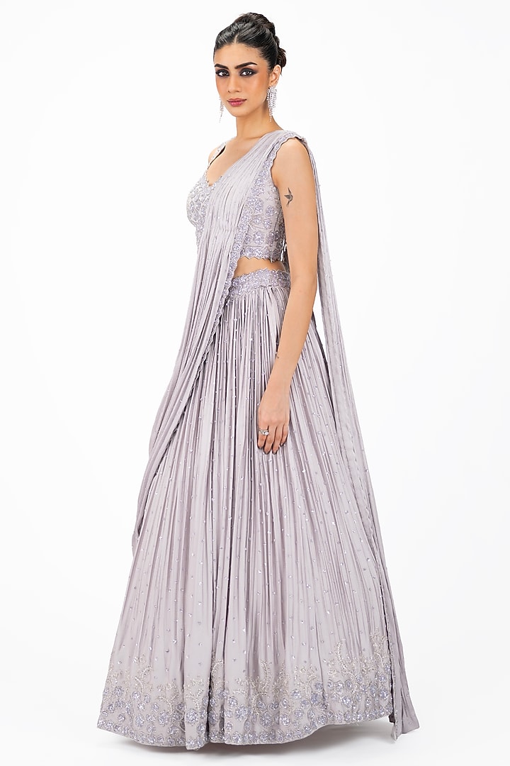 Light Lilac Satin Stone Embellished Wedding Lehenga Saree Set by Onaya at Pernia's Pop Up Shop