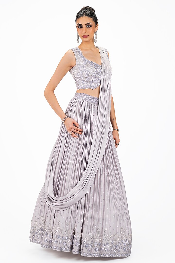 Light Lilac Satin Stone Embellished Wedding Lehenga Saree Set by Onaya at Pernia's Pop Up Shop