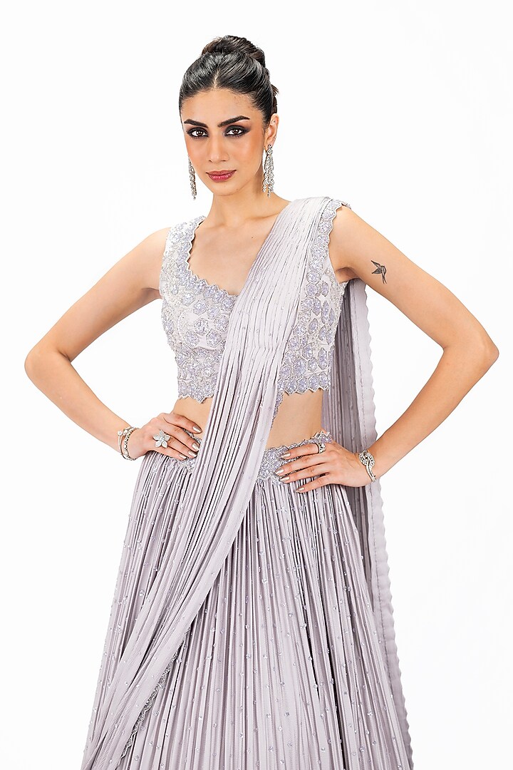 Light Lilac Satin Stone Embellished Wedding Lehenga Saree Set by Onaya at Pernia's Pop Up Shop