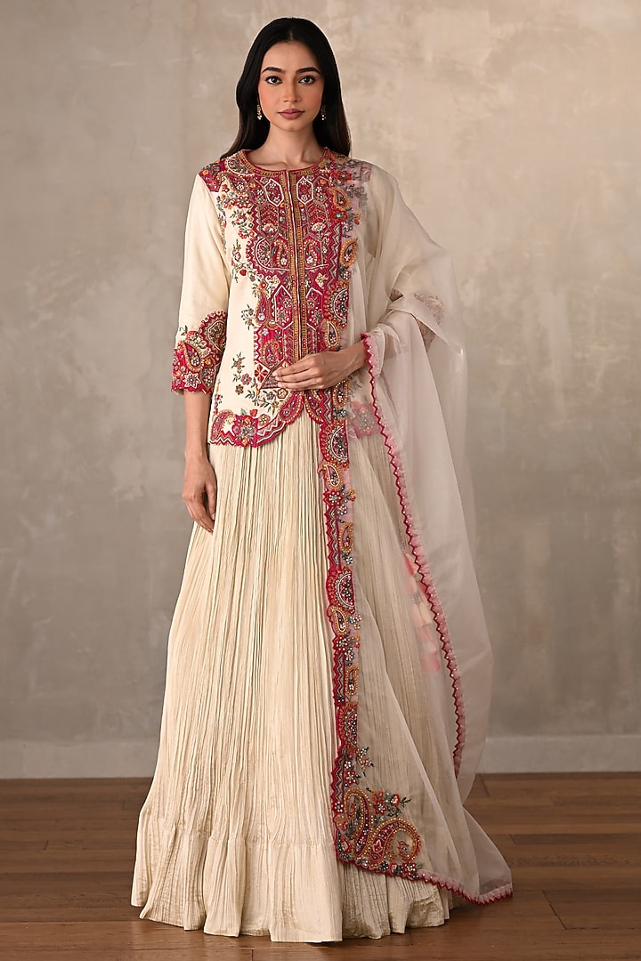 Off-White Organza Crushed Jacket Wedding Lehenga Set by Onaya at Pernia's Pop Up Shop
