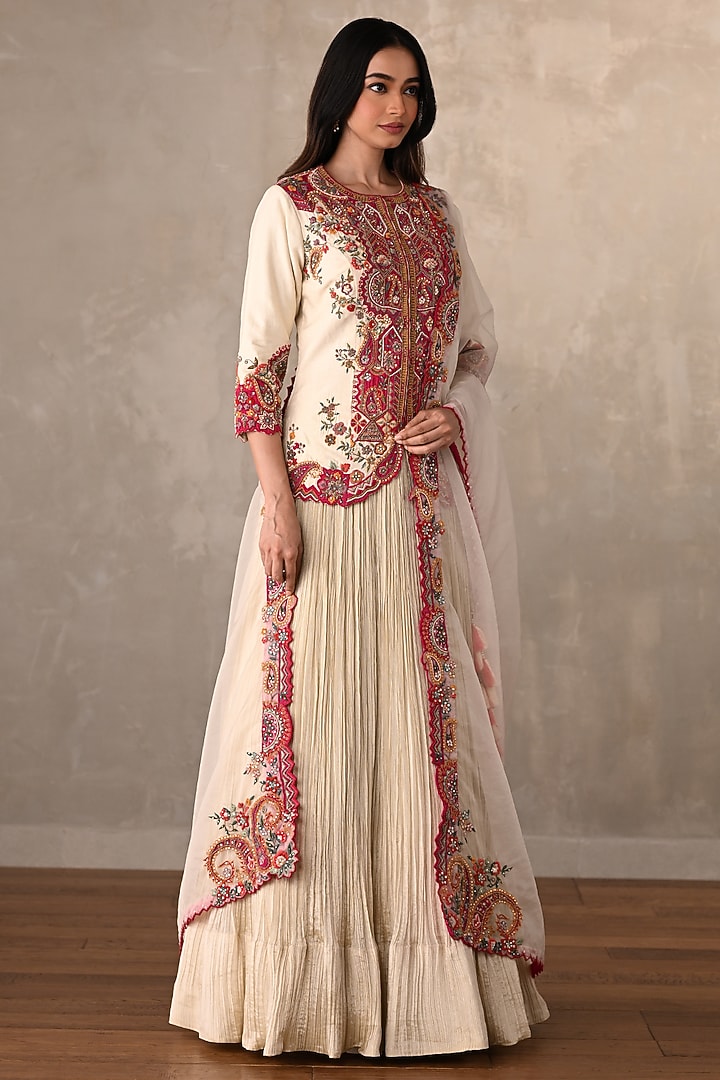 Off-White Organza Crushed Jacket Wedding Lehenga Set by Onaya at Pernia's Pop Up Shop