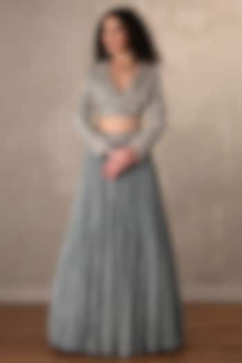 Dusky Blue Crepe Wedding Lehenga Set by Onaya at Pernia's Pop Up Shop