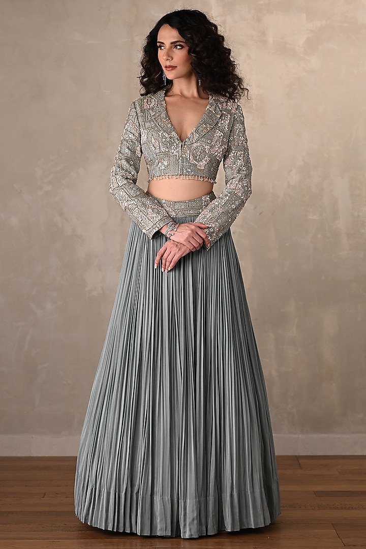 Dusky Blue Crepe Wedding Lehenga Set by Onaya at Pernia's Pop Up Shop