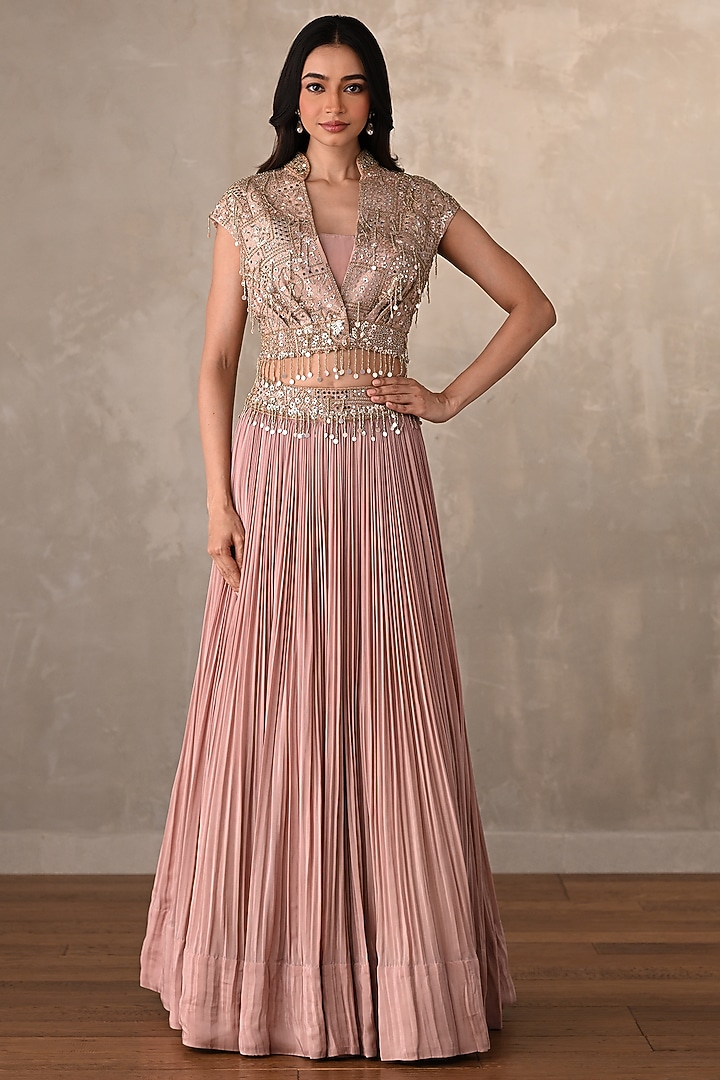 Pink Crepe Pleated Wedding Lehenga Set by Onaya at Pernia's Pop Up Shop