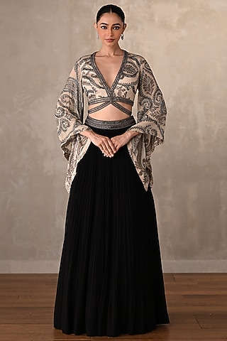 Black Georgette Pleated Lehenga Set by Onaya
