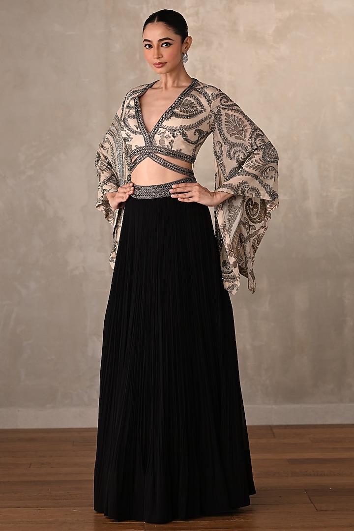 Black Georgette Pleated Wedding Lehenga Set by Onaya at Pernia's Pop Up Shop
