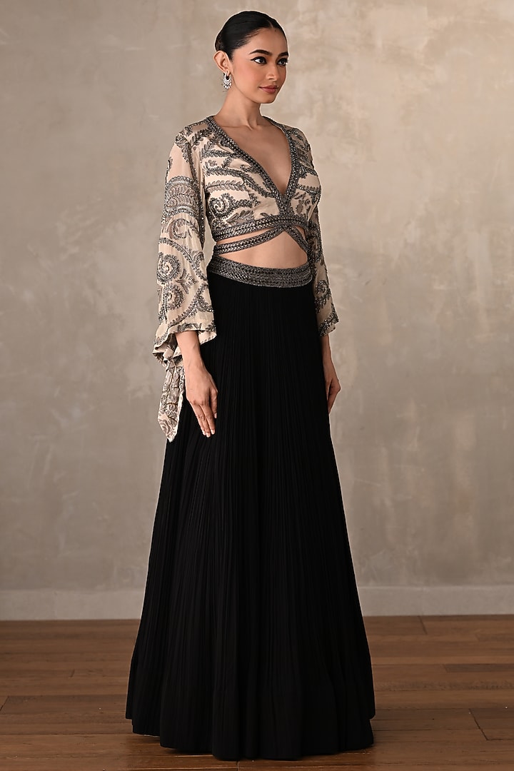 Black Georgette Pleated Wedding Lehenga Set by Onaya at Pernia's Pop Up Shop