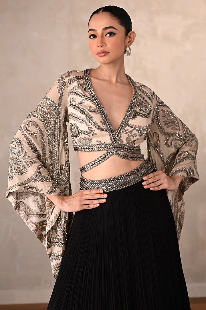 Black Georgette Pleated Wedding Lehenga Set by Onaya at Pernia's Pop Up Shop