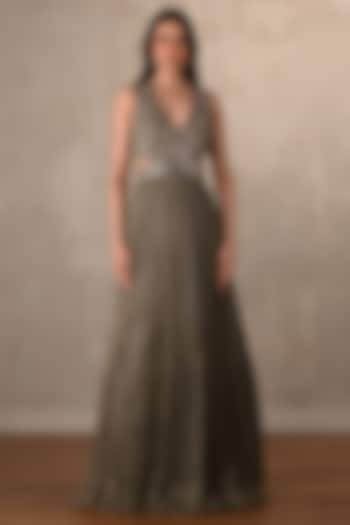 Olive Green Satin Chiffon Sequins Embellished V-Neck Engagement Gown by Onaya at Pernia's Pop Up Shop