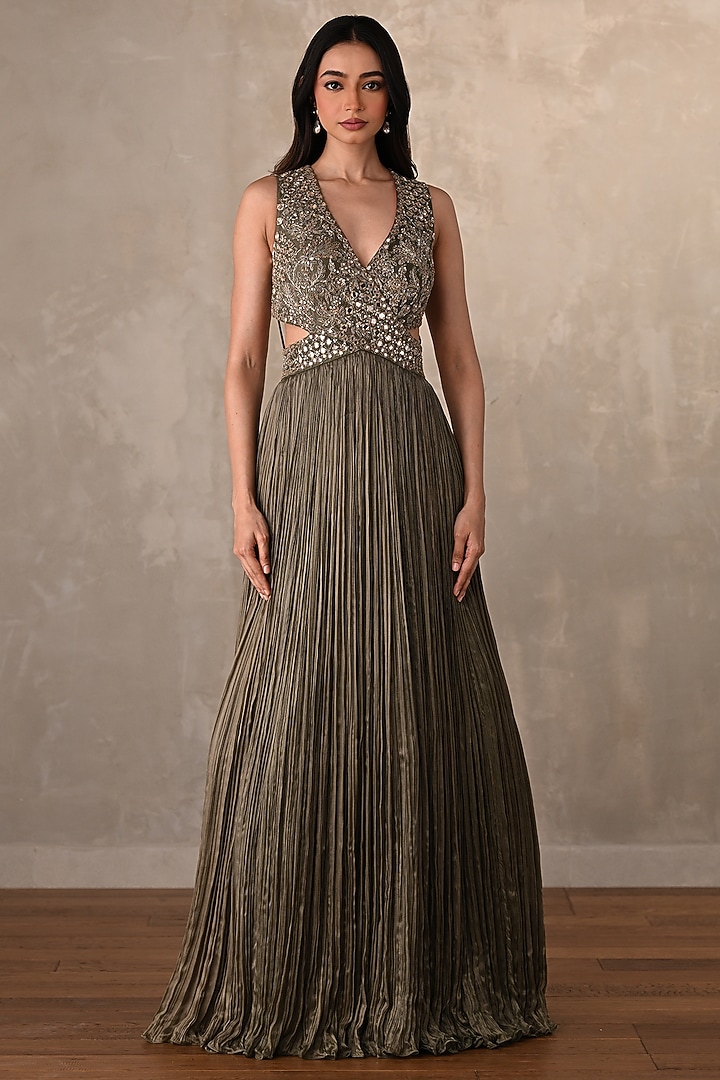Olive Green Satin Chiffon Sequins Embellished V-Neck Engagement Gown by Onaya at Pernia's Pop Up Shop