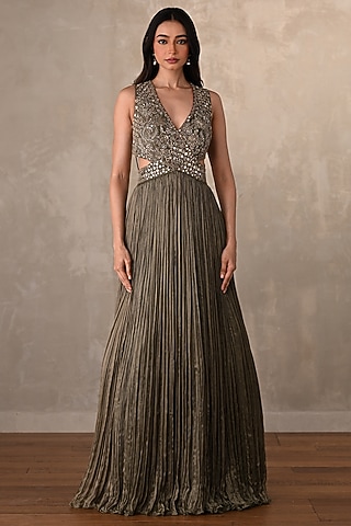 Olive Green Satin Chiffon Sequins Embellished V-Neck Gown by Onaya