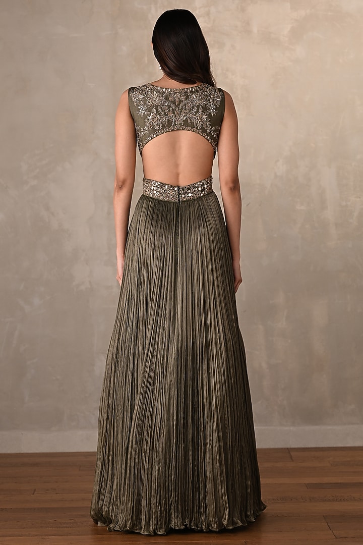 Olive Green Satin Chiffon Sequins Embellished V-Neck Engagement Gown by Onaya at Pernia's Pop Up Shop