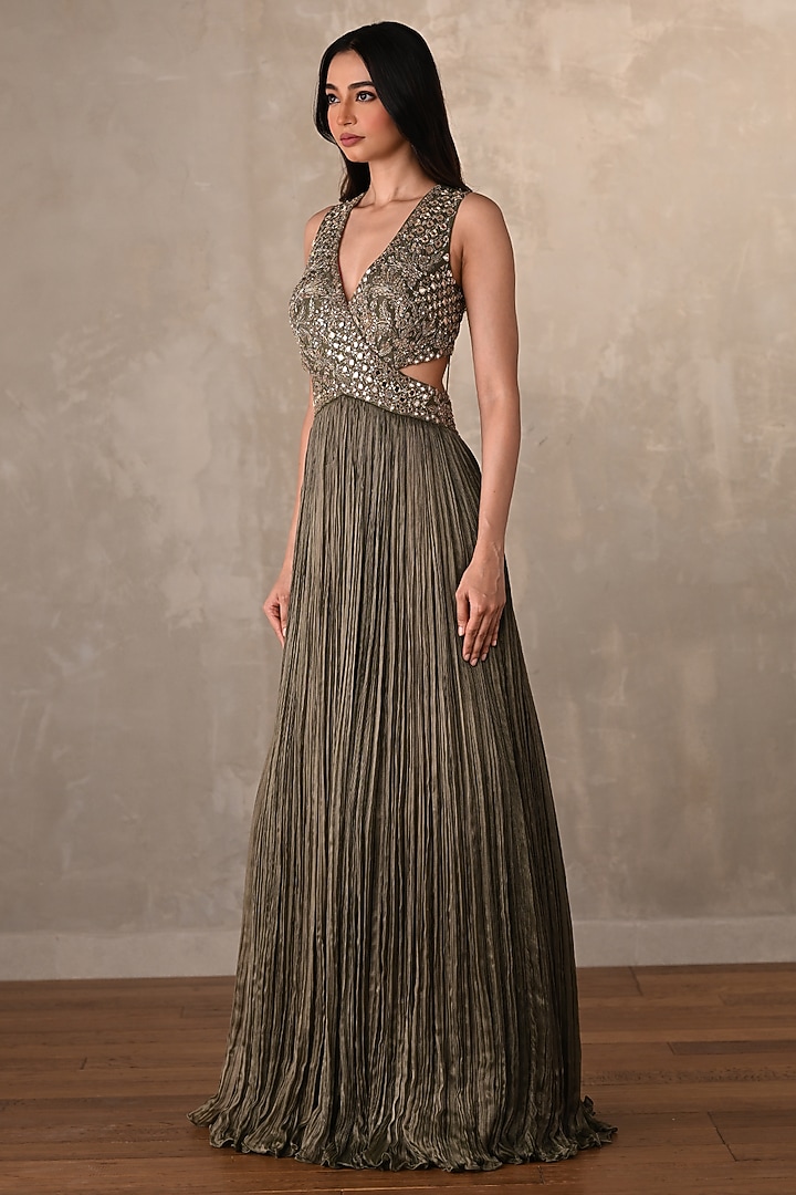 Olive Green Satin Chiffon Sequins Embellished V-Neck Engagement Gown by Onaya at Pernia's Pop Up Shop