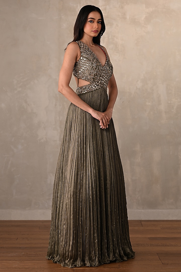Olive Green Satin Chiffon Sequins Embellished V-Neck Engagement Gown by Onaya at Pernia's Pop Up Shop