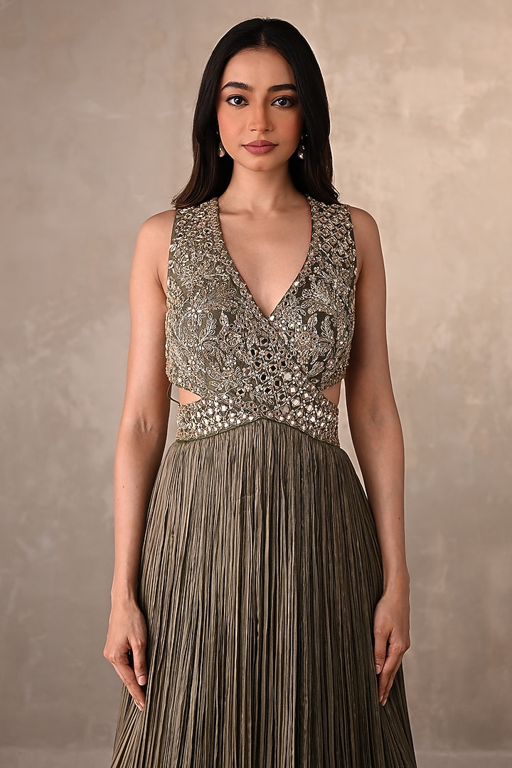 Olive Green Satin Chiffon Sequins Embellished V-Neck Engagement Gown by Onaya at Pernia's Pop Up Shop