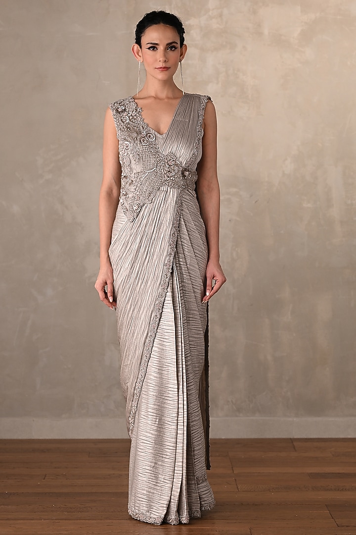 Grey Satin Pre-Draped Wedding Gown Saree by Onaya at Pernia's Pop Up Shop