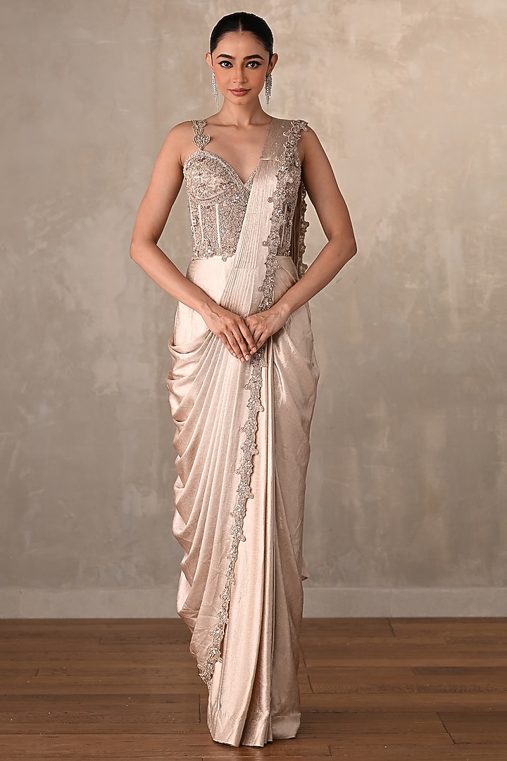 Beige Satin Pre-Draped Wedding Gown Saree by Onaya at Pernia's Pop Up Shop