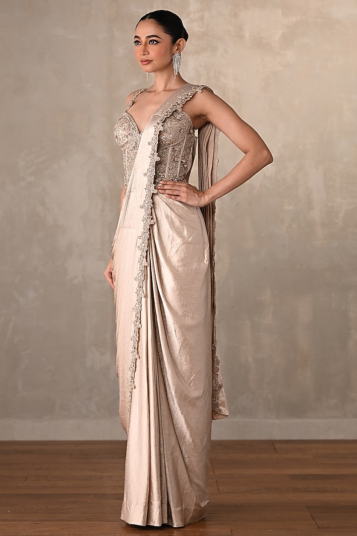 Beige Satin Pre-Draped Wedding Gown Saree by Onaya at Pernia's Pop Up Shop