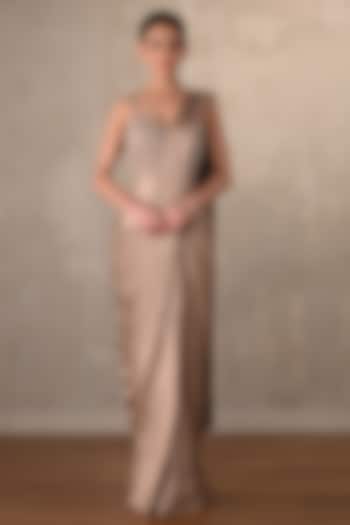 Beige Satin Sequins Embellished Pre-Draped Party Wear Gown Saree by Onaya at Pernia's Pop Up Shop
