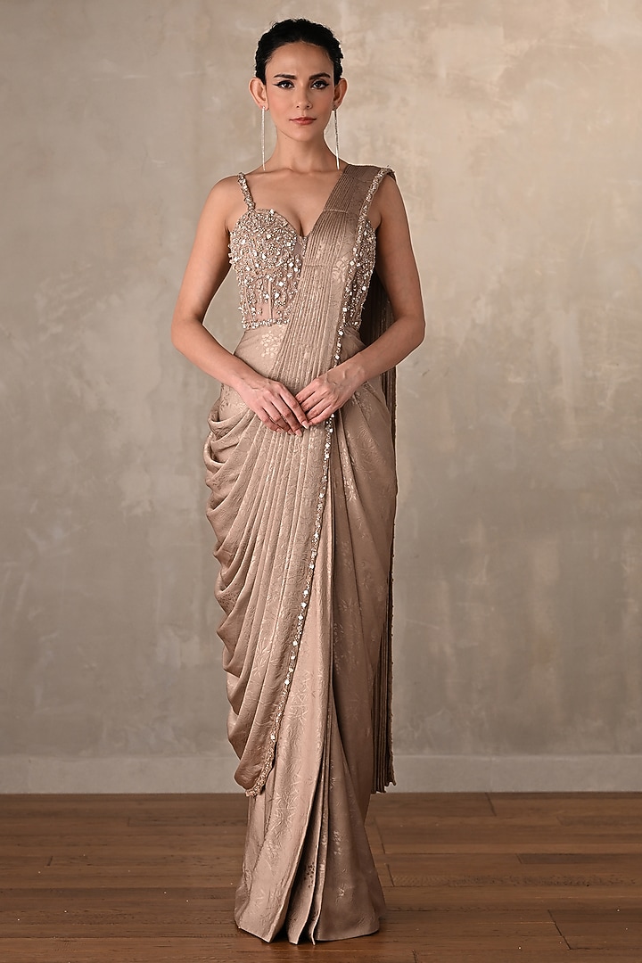 Beige Satin Sequins Embellished Pre-Draped Party Wear Gown Saree by Onaya at Pernia's Pop Up Shop