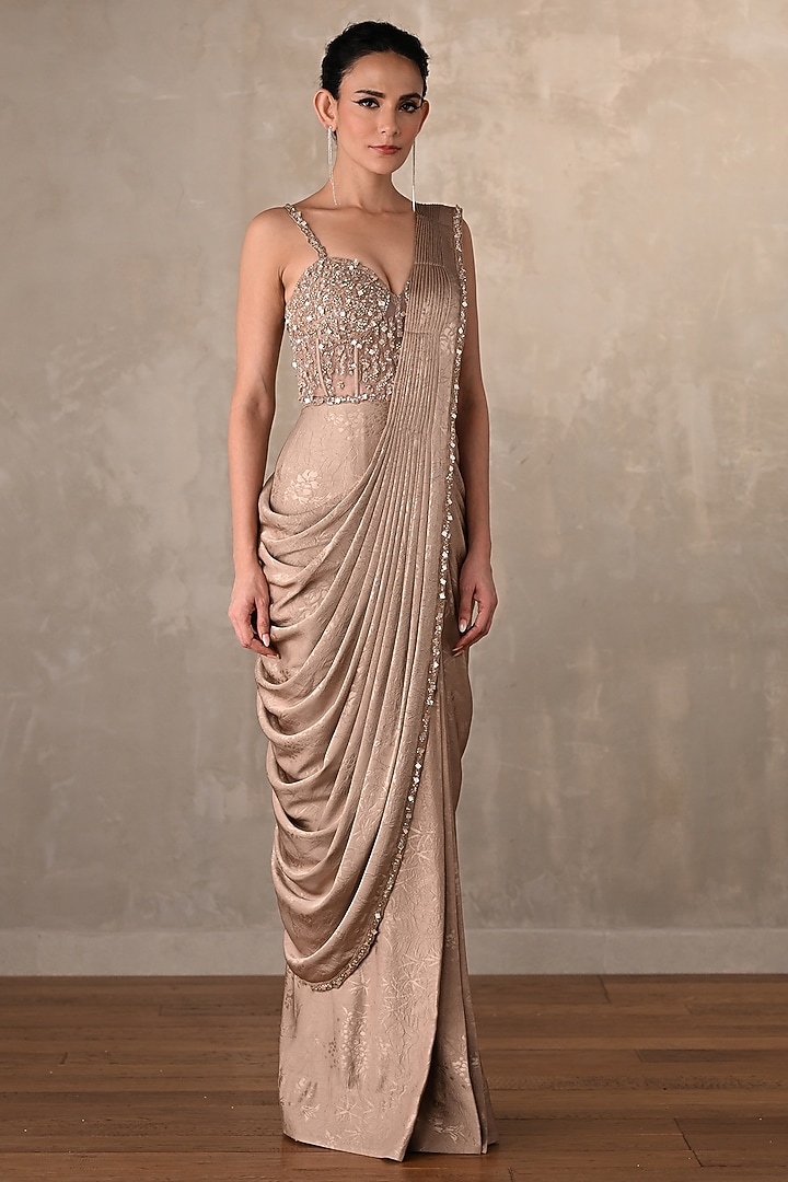 Beige Satin Sequins Embellished Pre-Draped Party Wear Gown Saree by Onaya at Pernia's Pop Up Shop