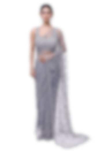 Light Blue Net Cutdana Embellished Party Wear Saree Set by Onaya at Pernia's Pop Up Shop