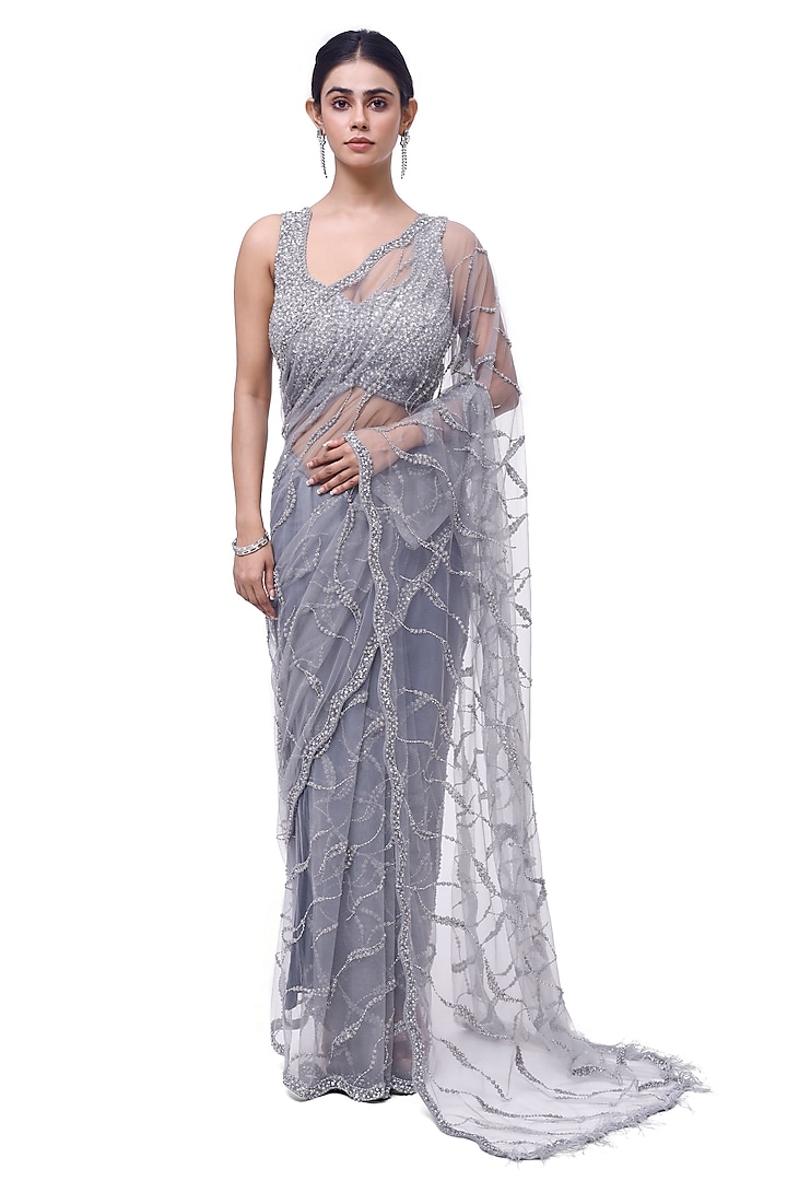Light Blue Net Cutdana Embellished Party Wear Saree Set by Onaya at Pernia's Pop Up Shop