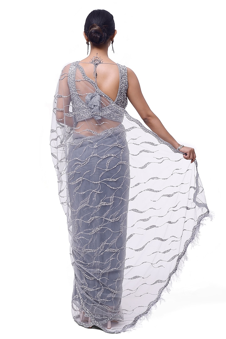 Light Blue Net Cutdana Embellished Party Wear Saree Set by Onaya at Pernia's Pop Up Shop