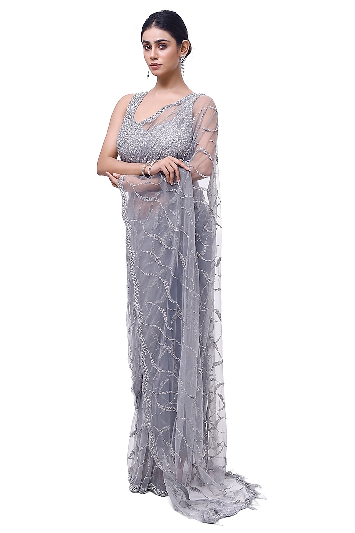 Light Blue Net Cutdana Embellished Party Wear Saree Set by Onaya at Pernia's Pop Up Shop