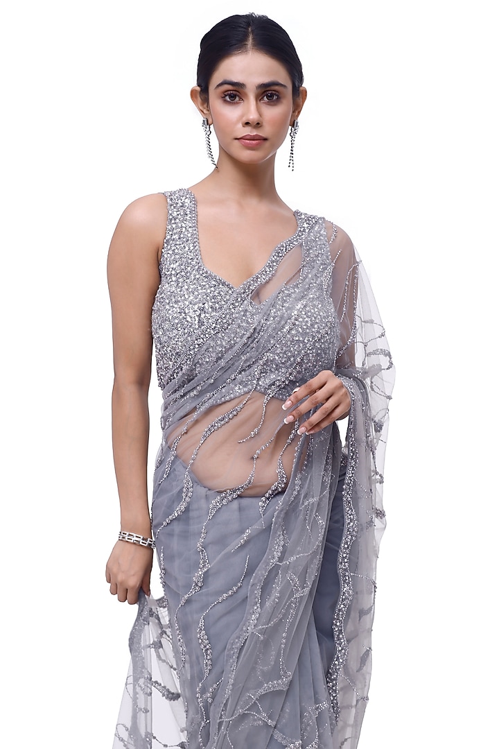 Light Blue Net Cutdana Embellished Party Wear Saree Set by Onaya at Pernia's Pop Up Shop