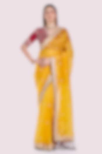 Mustard Organza Floral Embroidered Party Wear Saree Set by Onaya at Pernia's Pop Up Shop