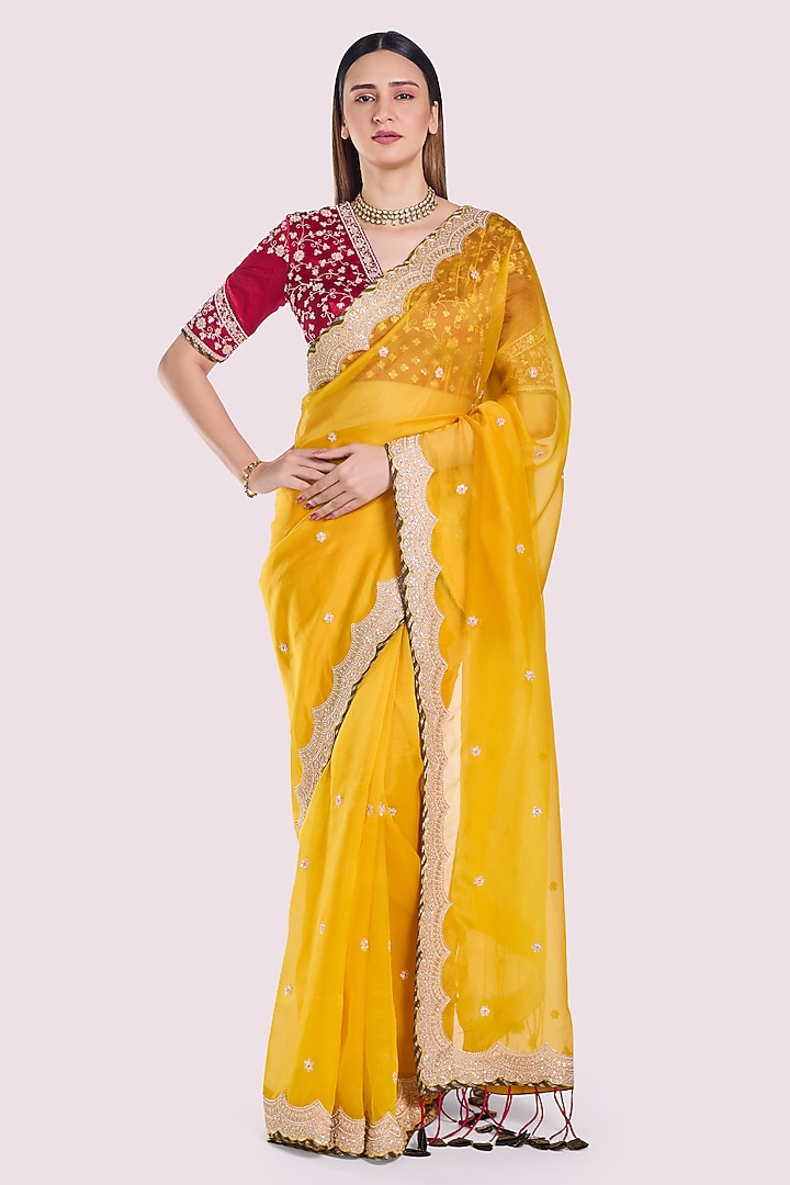 Mustard Organza Floral Embroidered Party Wear Saree Set by Onaya at Pernia's Pop Up Shop