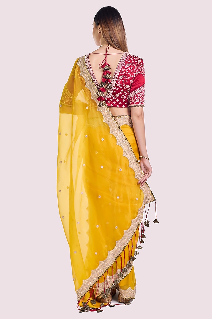 Mustard Organza Floral Embroidered Party Wear Saree Set by Onaya at Pernia's Pop Up Shop