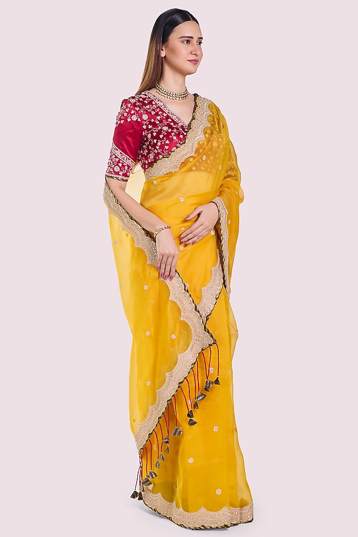 Mustard Organza Floral Embroidered Party Wear Saree Set by Onaya at Pernia's Pop Up Shop