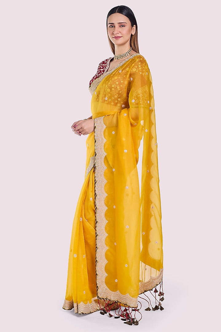 Mustard Organza Floral Embroidered Party Wear Saree Set by Onaya at Pernia's Pop Up Shop