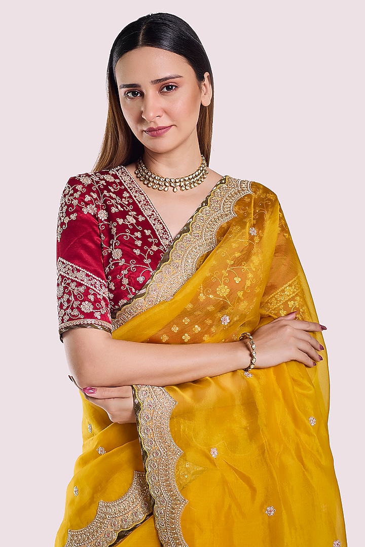 Mustard Organza Floral Embroidered Party Wear Saree Set by Onaya at Pernia's Pop Up Shop
