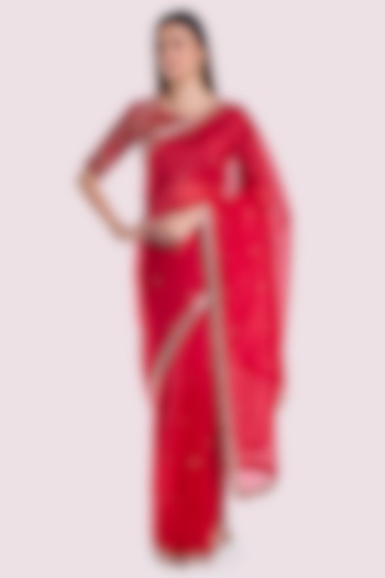 Red Organza Embellished Party Wear Saree Set by Onaya at Pernia's Pop Up Shop