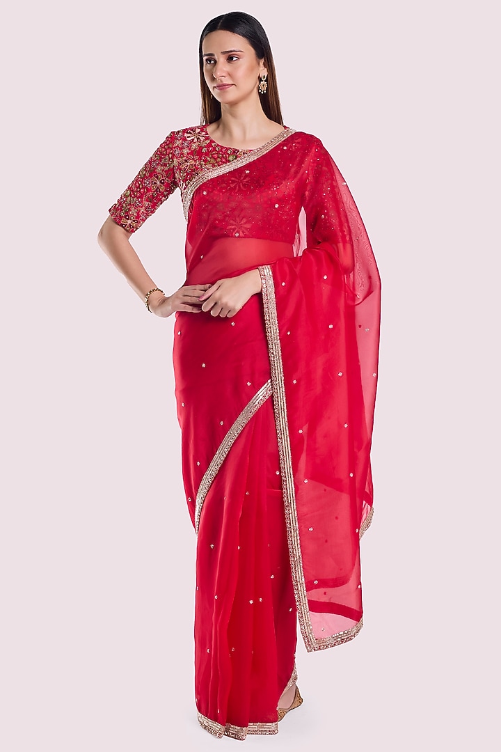 Red Organza Embellished Party Wear Saree Set by Onaya at Pernia's Pop Up Shop