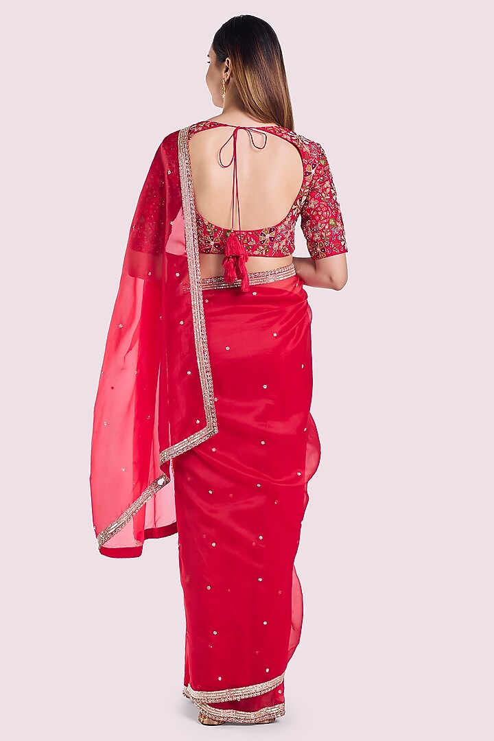 Red Organza Embellished Party Wear Saree Set by Onaya at Pernia's Pop Up Shop