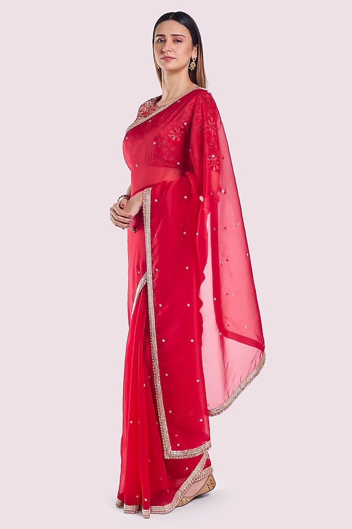Red Organza Embellished Party Wear Saree Set by Onaya at Pernia's Pop Up Shop