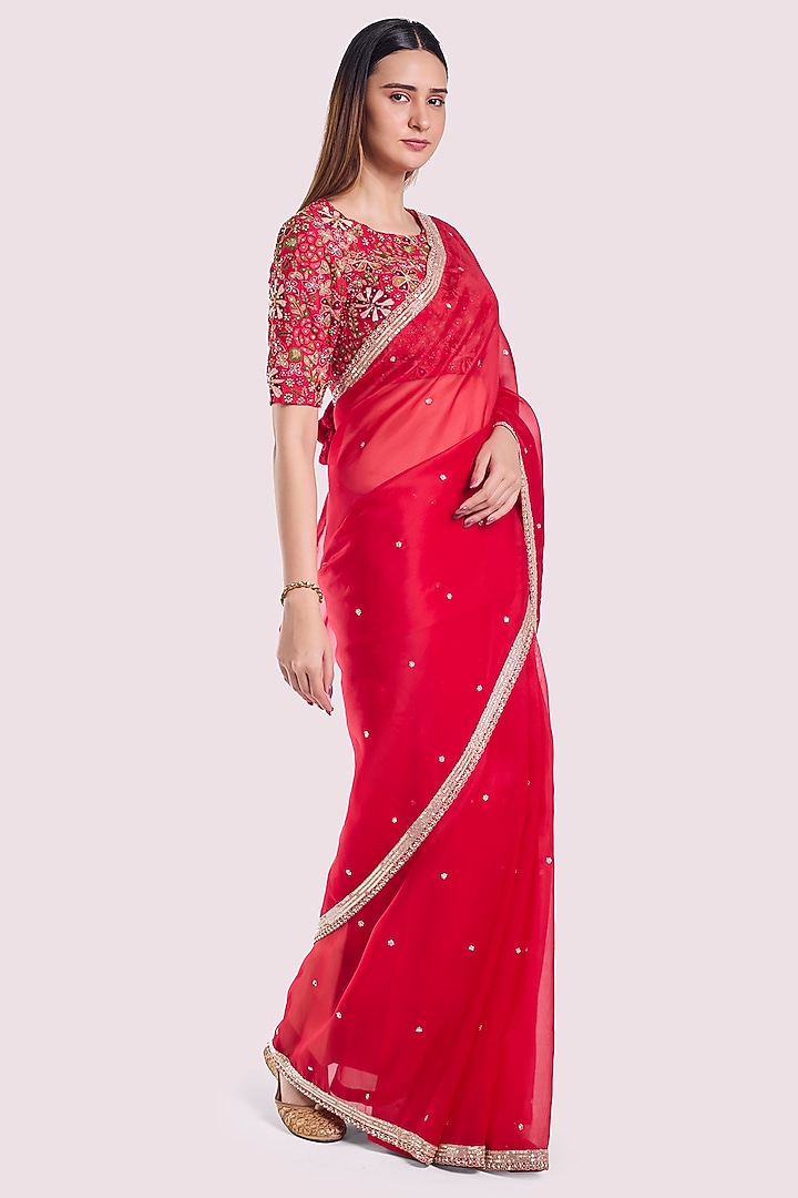 Red Organza Embellished Party Wear Saree Set by Onaya at Pernia's Pop Up Shop