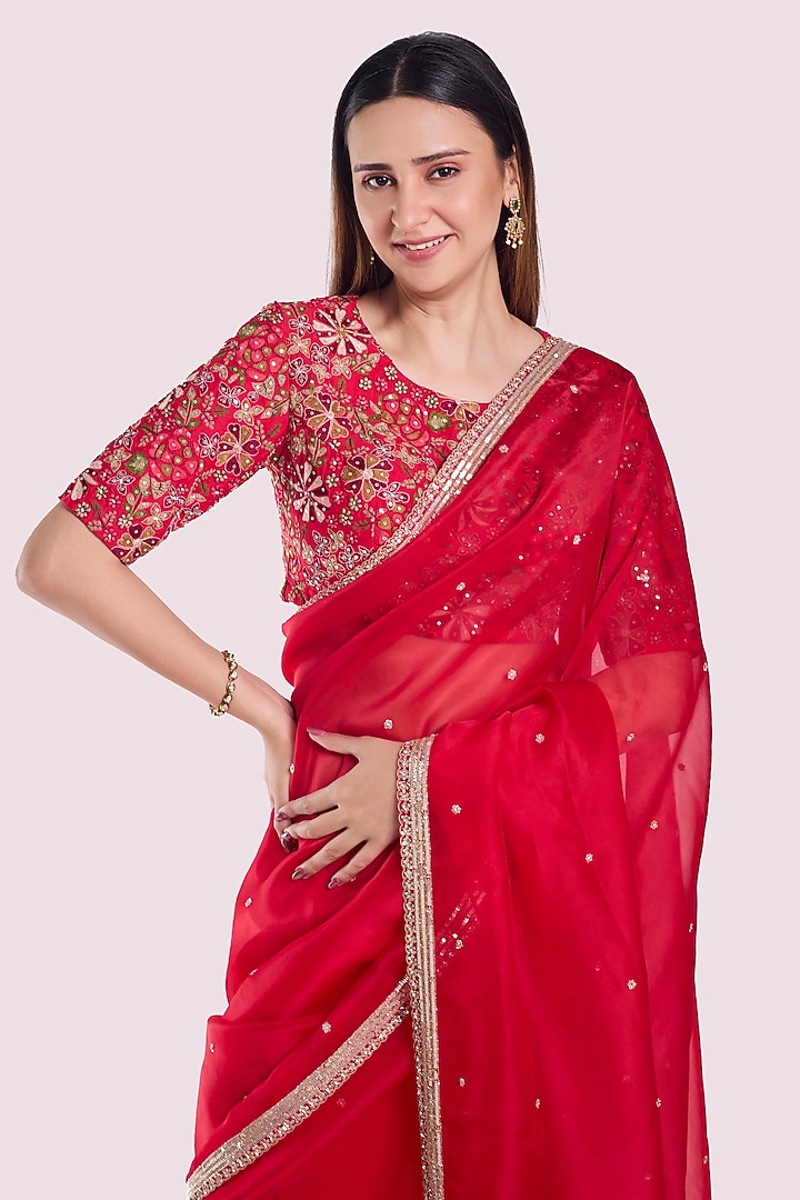 Red Organza Embellished Party Wear Saree Set by Onaya at Pernia's Pop Up Shop