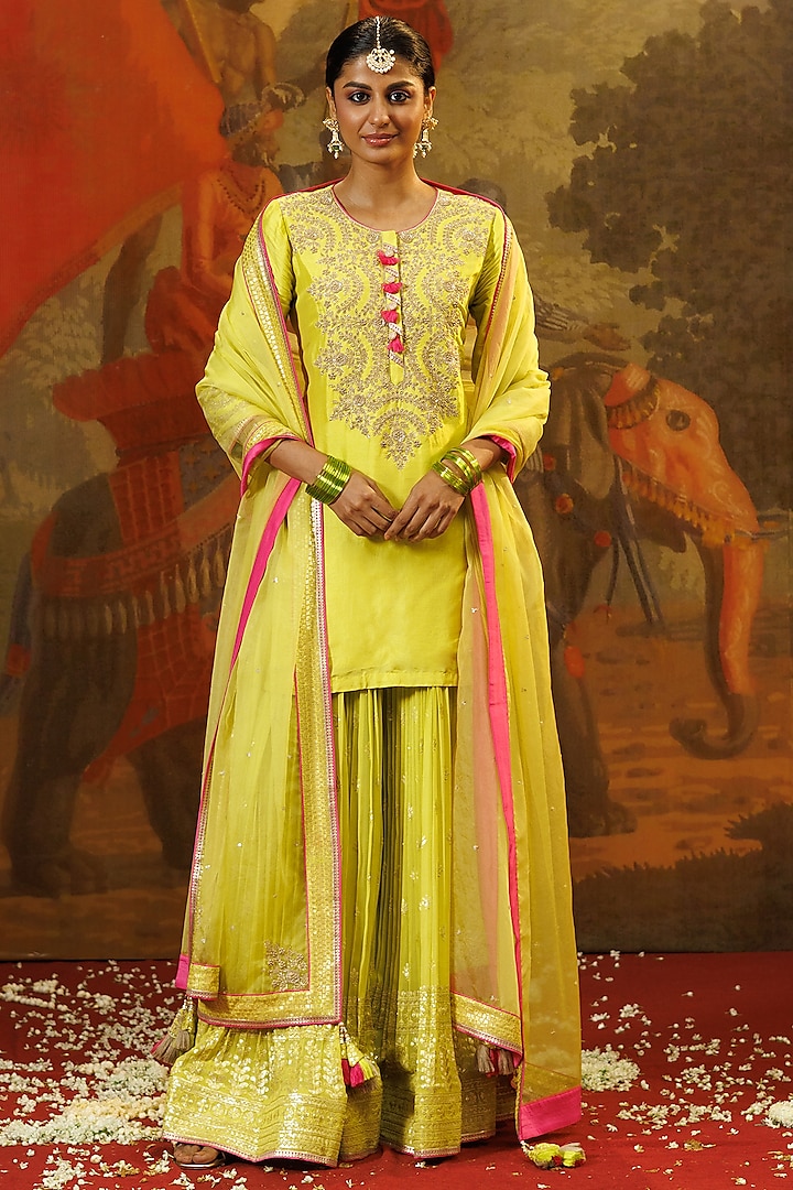 Green-Yellow Georgette & Silk Sharara Set by Onaya