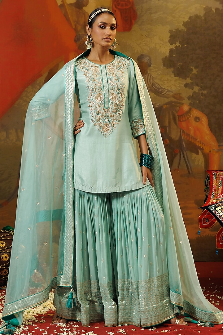 Pale Turquoise Georgette & Silk Zardosi Embroidered Gharara Set by Onaya