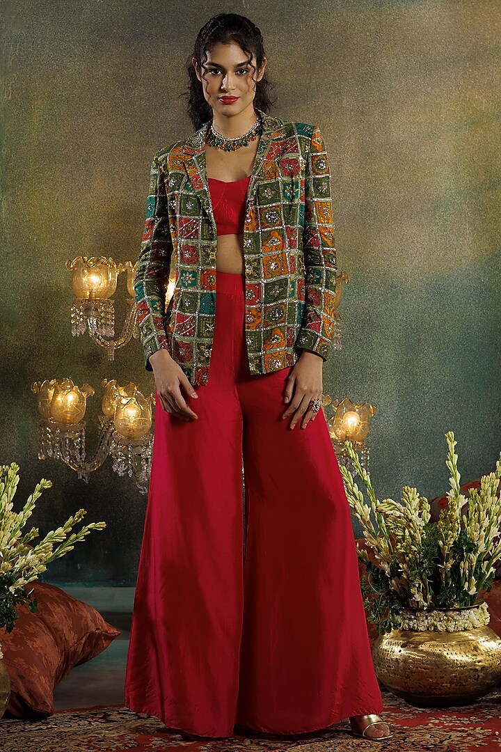 Multi-Colored Silk Printed & Sequins Embellished Jacket Set by Onaya at Pernia's Pop Up Shop