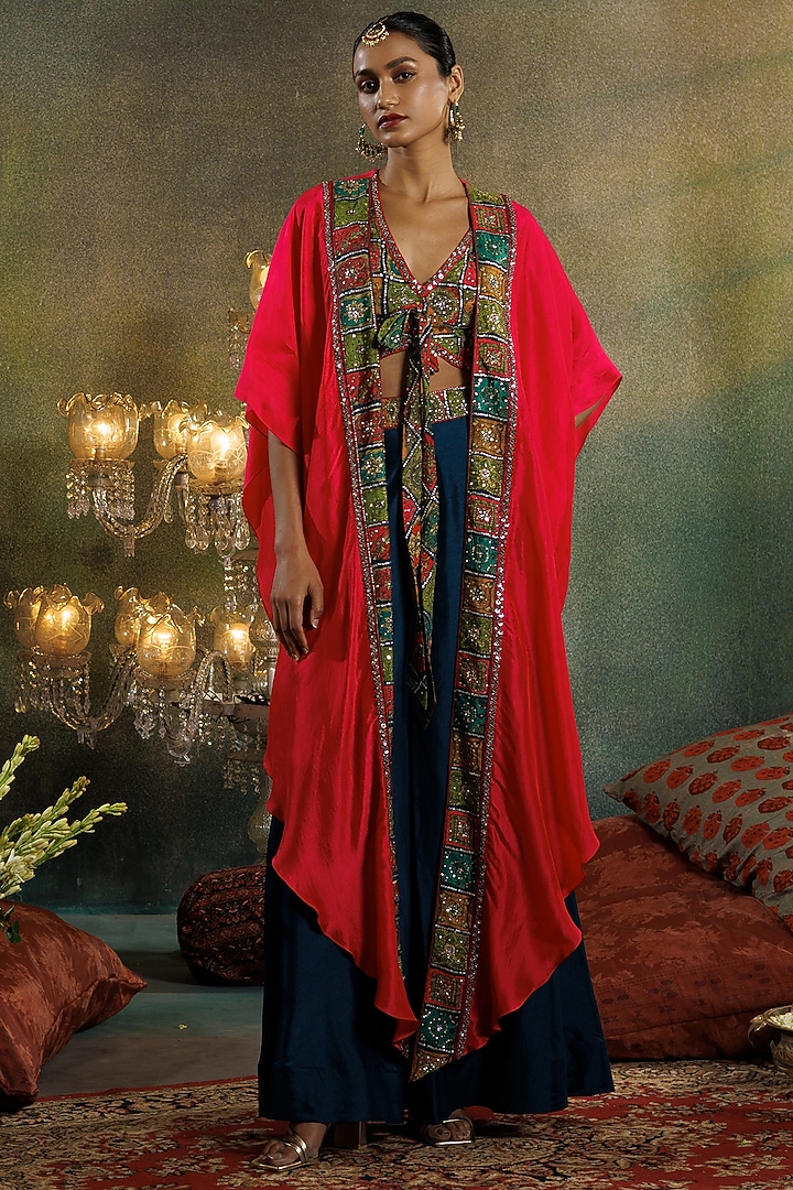 Cerise Pink Silk Sequins & Cutdana Embellished Kaftan Jacket Set by Onaya at Pernia's Pop Up Shop